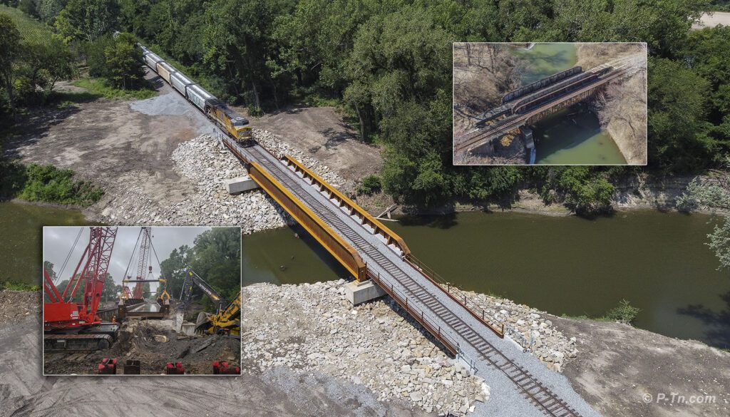 Collage with aerial & ground photos of RR bridge construction by P-Tn