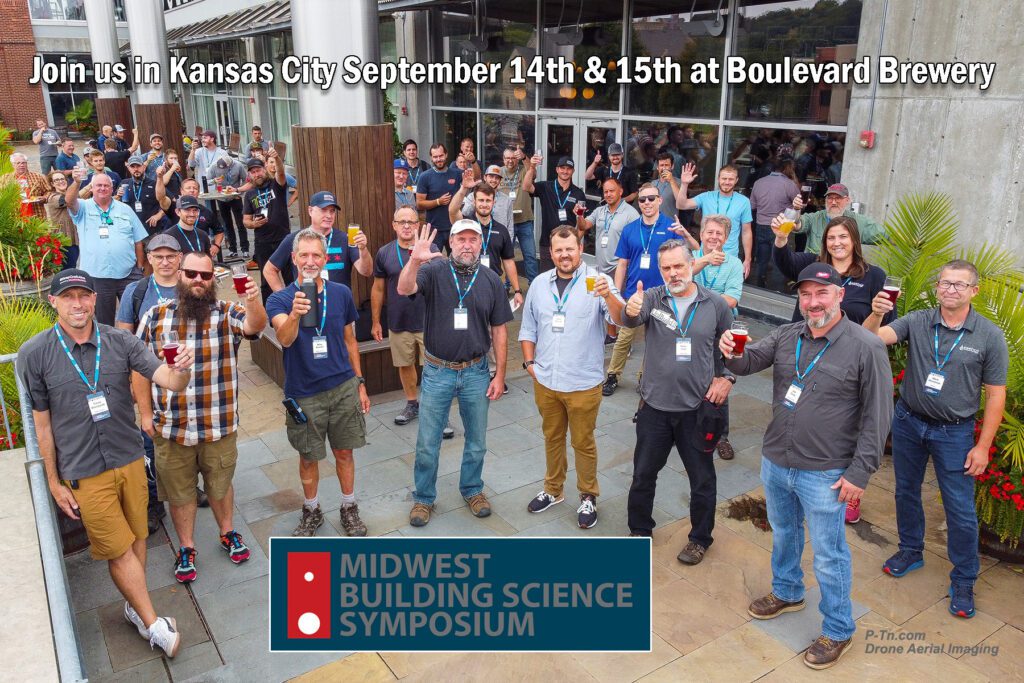 A group of people outside on a deck holding beers up to drone camera text says Join us in Kansas City September 14th and 15th at Boulevard Brewery BS* and BEER of Kansas City and the Midwest Building Science Symposium P-Tn.com Drone Aerial Image | P-Tn