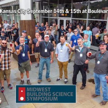A group of people outside on a deck holding beers up to drone camera text says Join us in Kansas City September 14th and 15th at Boulevard Brewery BS* and BEER of Kansas City and the Midwest Building Science Symposium P-Tn.com Drone Aerial Image | P-Tn