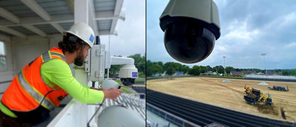 may be installer making final adjustments to a remote web cam monitoring system overlooking a football field turf installation project | P-Tn