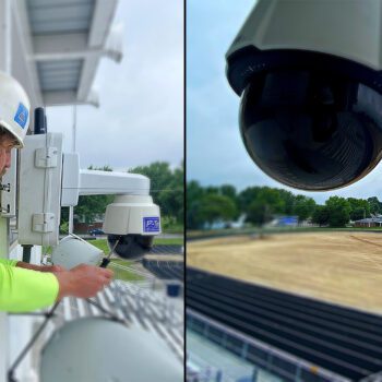 may be installer making final adjustments to a remote web cam monitoring system overlooking a football field turf installation project | P-Tn