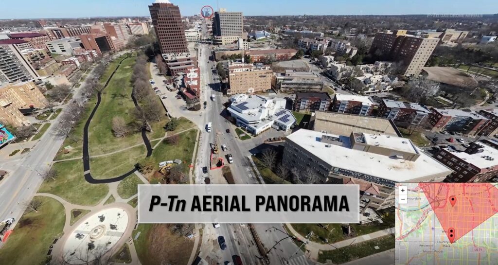 aerial panoramic view of construction work at the Country Club Plaza in Kansas City | P-Tn
